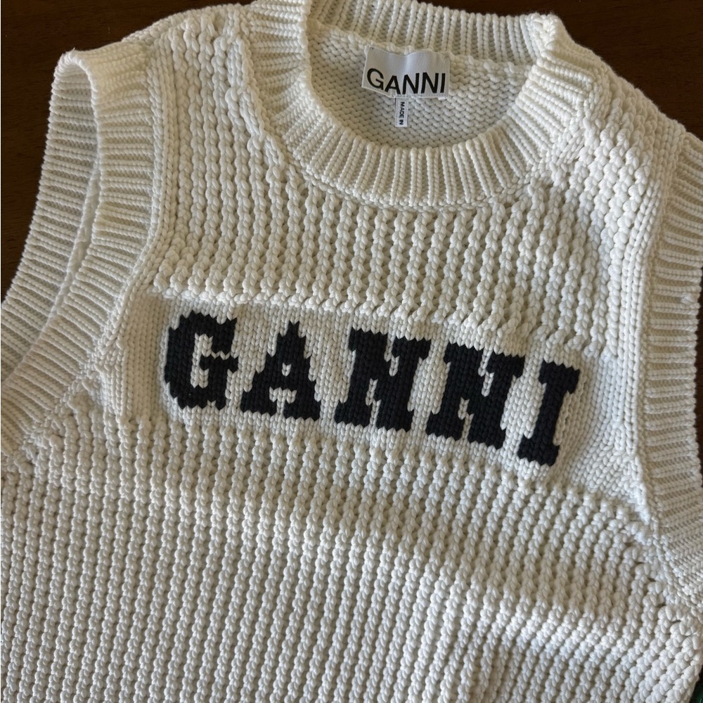 Ganni Cream Knit Logo Tank with Black Lettering